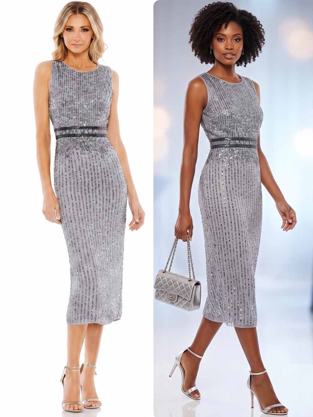 Mac Duggal Platinum Silver Sequin Beaded Waist Sheath Midi Dress 10509 NWT $398